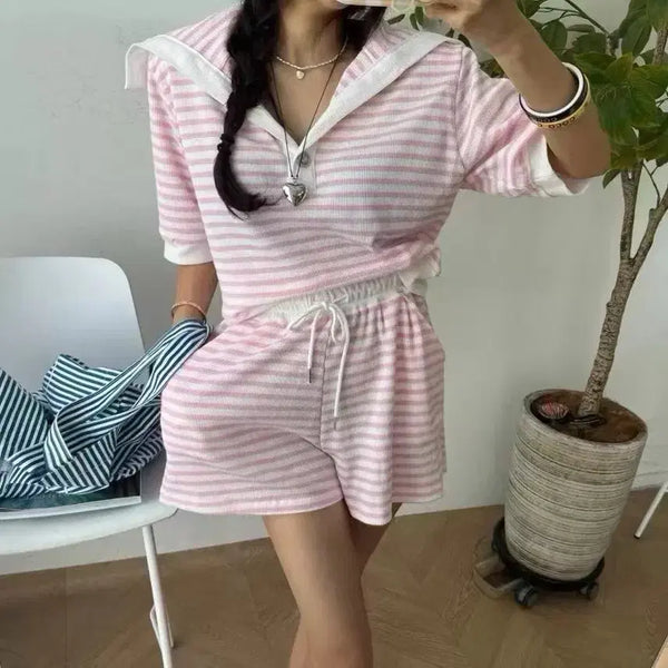 [BUNJANG] Pink Stripe Collar Short Sleeve Set / (새상품)핑크 스트라이프 카라 반팔 세트