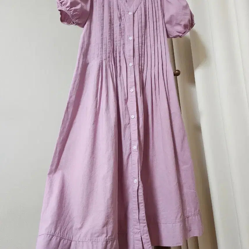 [BUNJANG] The Open Product Lavender Pintuck Puff Short Sleeve Long Dress / 더오픈프로덕트(The Open Product) 연보라 핀턱 퍼프 반팔 롱 원피스