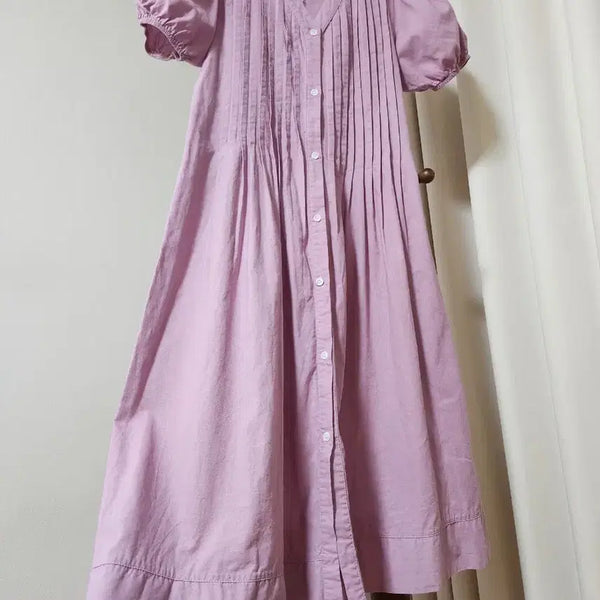 [BUNJANG] The Open Product Lavender Pintuck Puff Short Sleeve Long Dress / 더오픈프로덕트(The Open Product) 연보라 핀턱 퍼프 반팔 롱 원피스