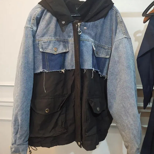 [BUNJANG] Two-Tone Denim Hooded Wide Jacket Black / 투톤 데님 후드 와이드 자켓 블랙   /청