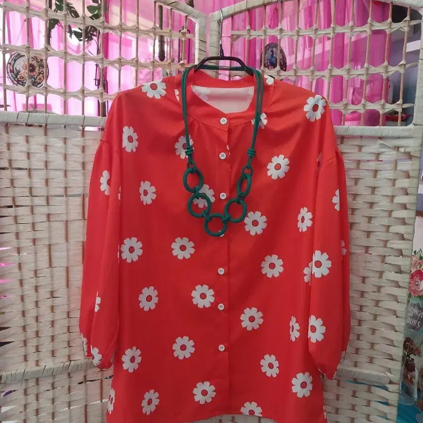 [BUNJANG] Floral Print Blouse with Necklace Set / 블라우스와 목걸이 세트