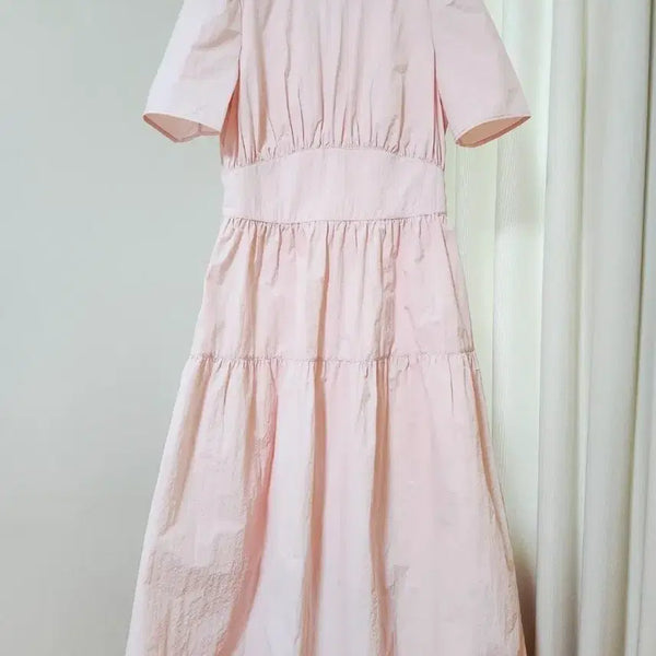 [BUNJANG] DEKAVV Pink Puff Sleeve Tiered Long Dress / 데카브 DEKAVV 바스락 핑크 퍼프 롱원피스
