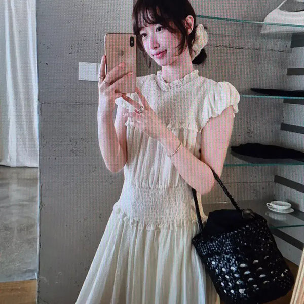 [BUNJANG] Chiffon Sleeve Pleated Long Dress / (해외배송)퍼브소매 주름 롱 원피스