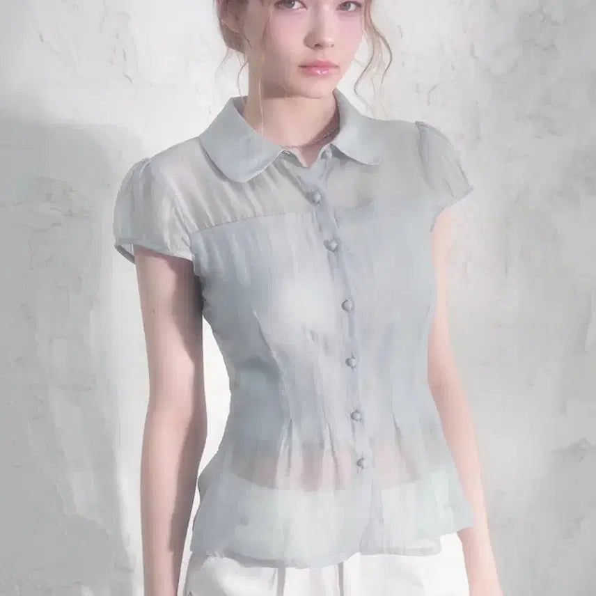 [BUNJANG] Vivacious See-through Blouse Light Grey / 비바셔스 수아 시스루 블라우스 새상품