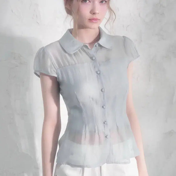 [BUNJANG] Vivacious See-through Blouse Light Grey / 비바셔스 수아 시스루 블라우스 새상품