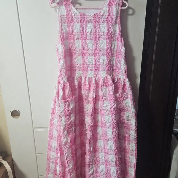 [BUNJANG] Checkered Long Dress with Ribbon Detail / 롱원피스