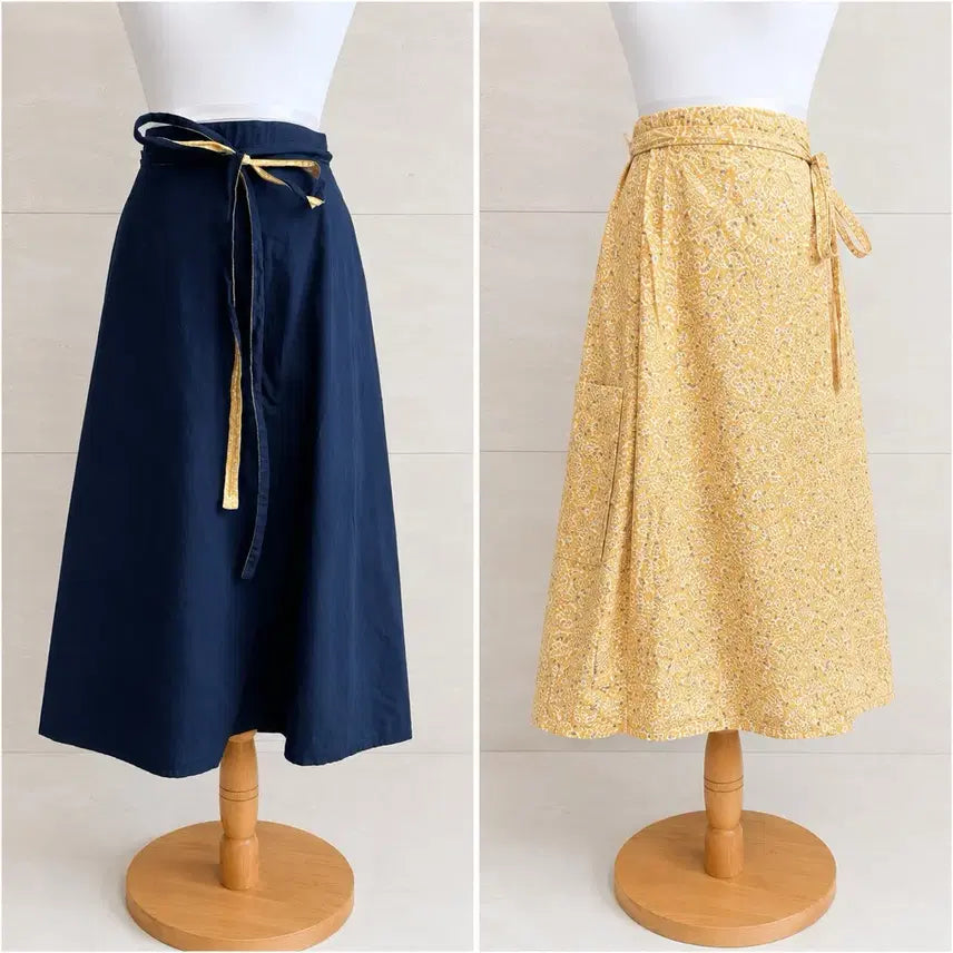 [BUNJANG] Reversible Apron Navy/Yellow Flower Pattern / 리버시블 랩스커트 앞치마 (세탁완료)