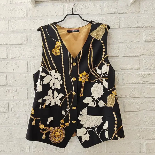 [BUNJANG] Leonard 100% Silk Vest Gold Trim Patterned / 레오날드 실크100 조끼