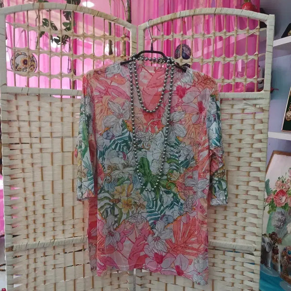 [BUNJANG] Flower Pattern Blouse and Pearl Long Necklace Set / 티블라우스와 진주 롱목걸이 세트