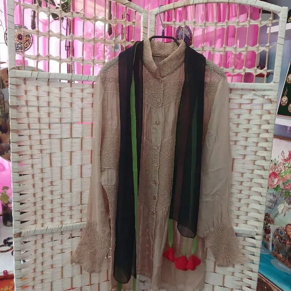 [BUNJANG] Chiffon Pleated Blouse and Scarf Set / 쉬폰 플리츠 블라우스와  스카프 세트