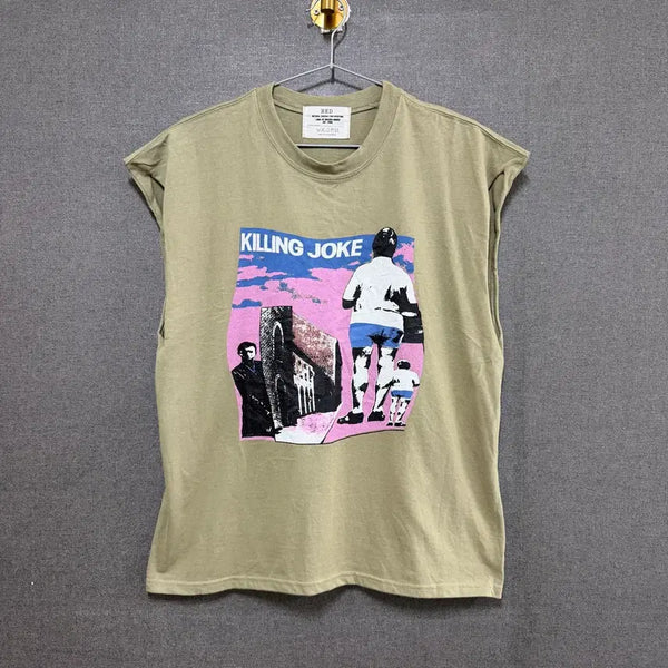 [BUNJANG] Women's Printed Sleeveless T-Shirt Khaki / F 여성 프린킽 나시 민소매 티셔츠 카키 BO2384