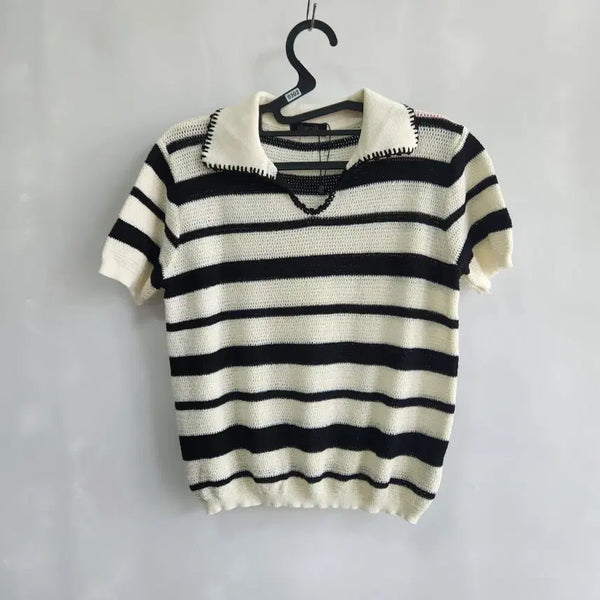 [BUNJANG] QUEENIS Striped Knit Short Sleeve Top / 0302 QUEENIS 단가라 니트 반팔 프리사이즈