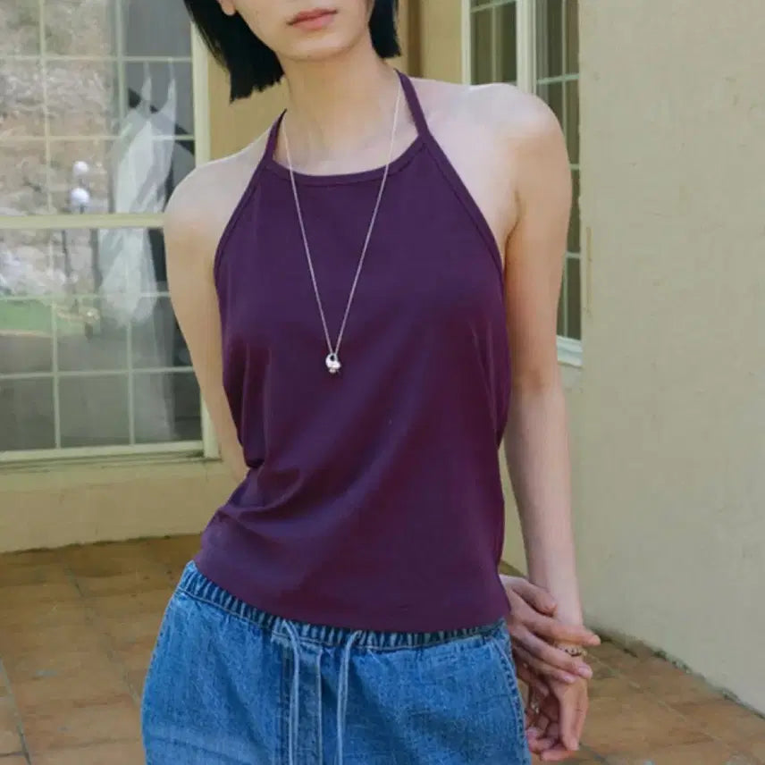 [BUNJANG] ON&ON Halter Sleeveless Bustier T-shirt - Purple / 온앤온 홀터 슬리브리스 탑 뷔스티에 티셔츠