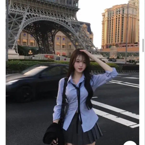 [BUNJANG] Blue Stripe Shirt and Skirt Set / 블루 스트라이프 셔츠 넥타이 세트