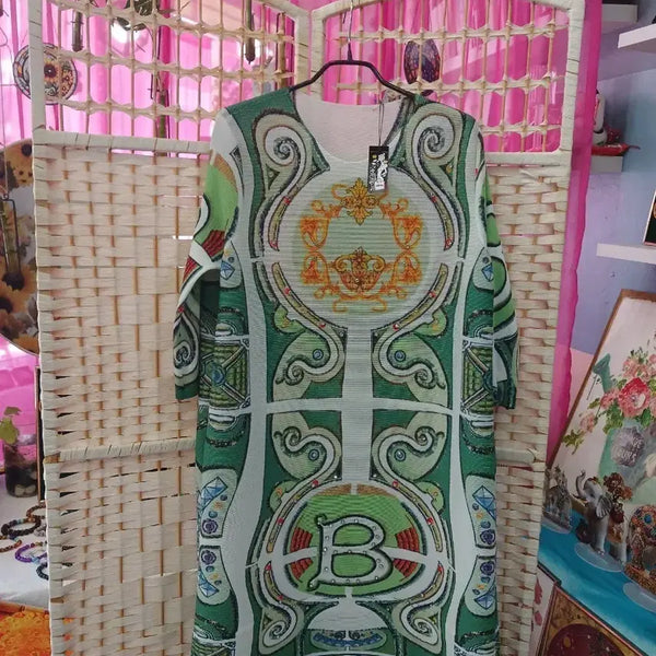 [BUNJANG] Pleated Midi Dress with Vibrant Pattern / 플리츠 원피스