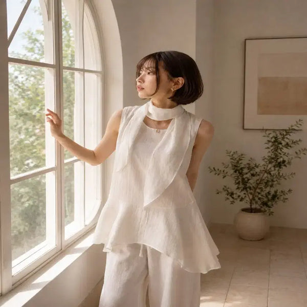 [BUNJANG] Women's Sleeveless Blouse with Waist Tie & Scarf Set / 여성 민소매 허리끈 블라우스 스카프 세트 새상품