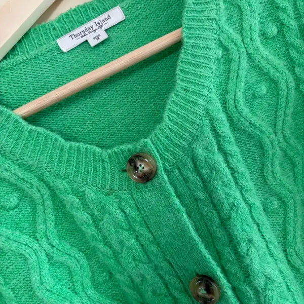 [BUNJANG] Thursday Island Cable Knit Cardigan Green M / 써스데이아일랜드 케이블 니트 가디건 그린