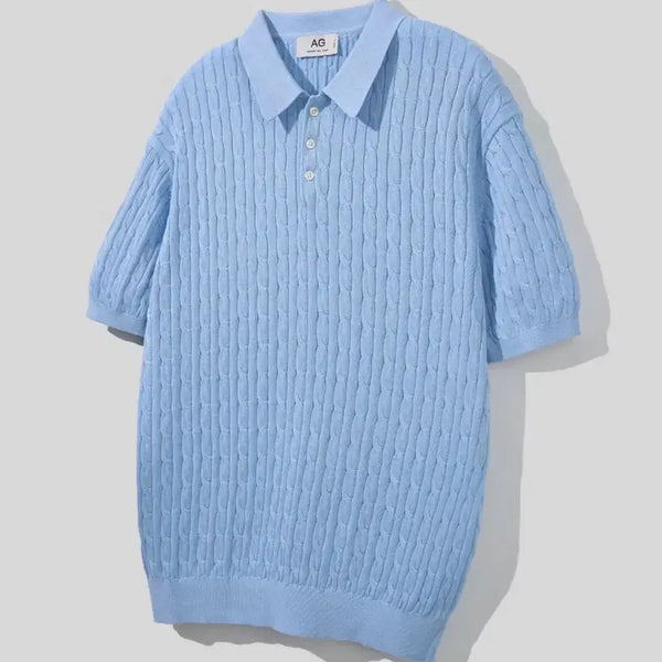 [BUNJANG] AgeOfLord Cable Knit Short-Sleeve Sweater Sky Blue M / (스카이블루) 에이지오디 케이블 카라 반팔 니트 M