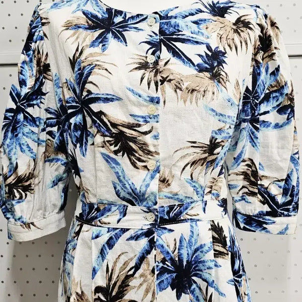 [BUNJANG] Palm Tree Print Puff Sleeve Peplum Jacket Blouse Linen Blend / 야자수무늬 퍼프소매 페플럼 자켓형 블라우스 린넨 블라우스