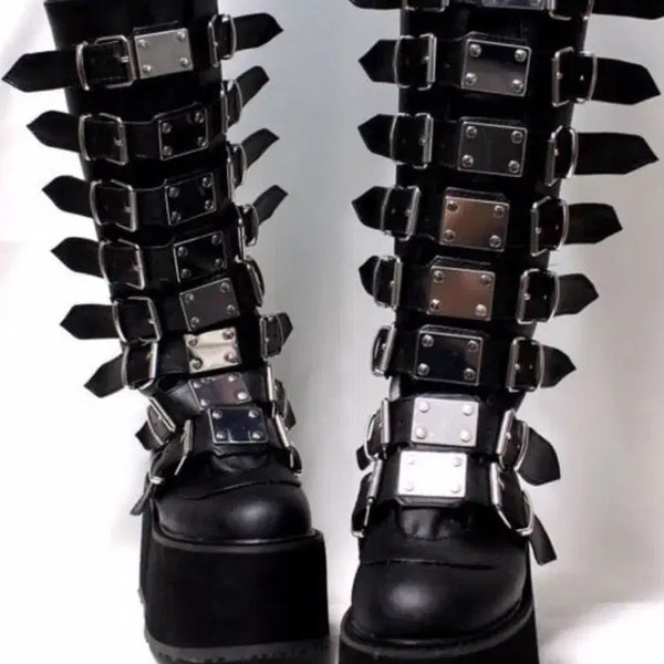 [BUNJANG] Demonia Damned318 Buckle Strap Knee-High Platform Boots / 락샵 데모니아 댐드318 블랙클래식 버클스트랩 니하이 플랫폼 부츠(뉴락 매드펑크 락시크 데스노트 미사 류크 비비안웨스트우드 롱부츠 메탈릭)