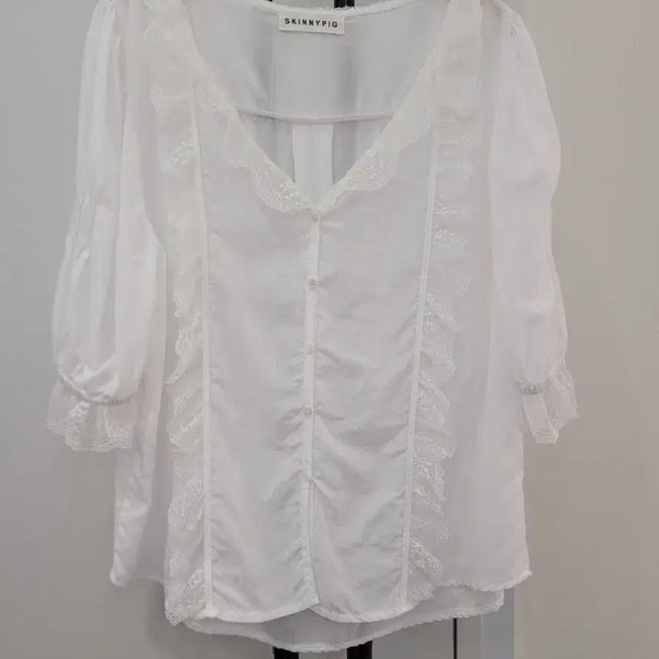 [BUNJANG] Skinny Pig White Lace Summer Blouse / 스키니피그 화이트 레이스 여름 블라우스 55~66