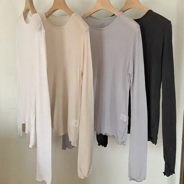 [BUNJANG] Round Neck See-Through Wool Tencel Ribbed T-Shirt Charcoal / (국내제작) 라운드 시스루 울 텐셀 골지티셔츠 (울30%)_차콜1