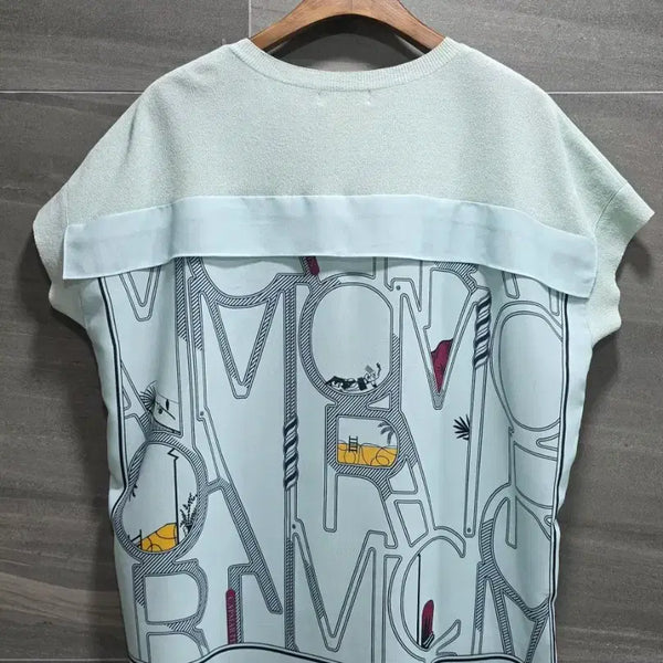 [BUNJANG] SJSJ Back Scarf Graphic Half Sleeve Knit Blouse FREE / SJSJ ,  백스카프그래픽  반팔 니트블라우스 F