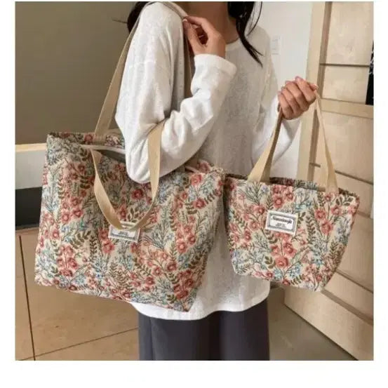 [BUNJANG] Vintage Red Flower Pattern Eco Bag Small & Large Set / 빈티지 레드 플라워 패턴 에코백 스몰 라지세트
