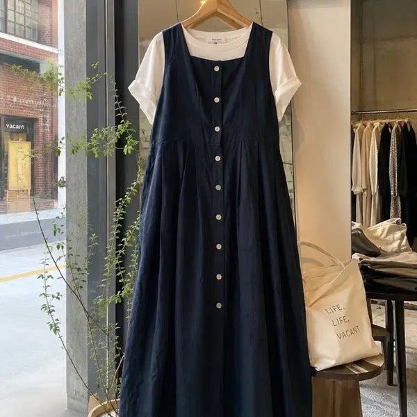 [BUNJANG] Navy Mother-of-Pearl Button Long Dress / 네이비 자개단추 롱 원피스 / 면린넨 느낌
