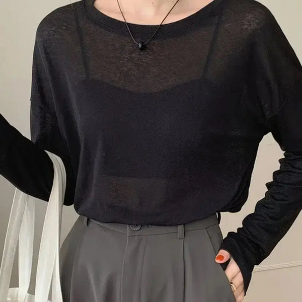 [BUNJANG] Sheer Long Sleeve Knit Bikini Cover-up / 시스루 롱슬리브 블랙 시스루니트 여름티셔츠 빅사이즈니트비키니커버옷 수영복래쉬가드