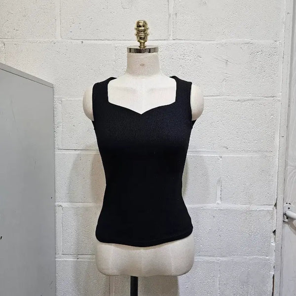 [BUNJANG] Queen's Neck Ribbed Tank Top - Black / 퀸즈넥 골지 나시- 블랙
