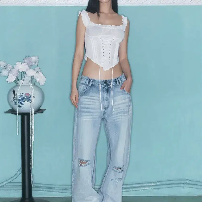 [BUNJANG] Please No Follow 25 Damage Washing Wide Denim Pants Ice Blue / 플리즈노팔로우 25데미지 워싱 와이드 데님 팬츠 아이스블루