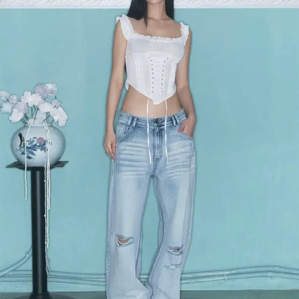 [BUNJANG] Please No Follow 25 Damage Washing Wide Denim Pants Ice Blue / 플리즈노팔로우 25데미지 워싱 와이드 데님 팬츠 아이스블루