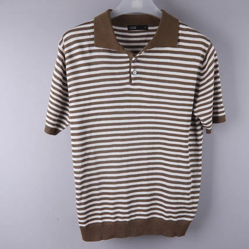 [BUNJANG] LOGUE Brown Stripe Collar Knit Short Sleeve T-Shirt (M) / LOGUE 브라운 스트라이프 카라 니트 반팔 티셔츠 (M)