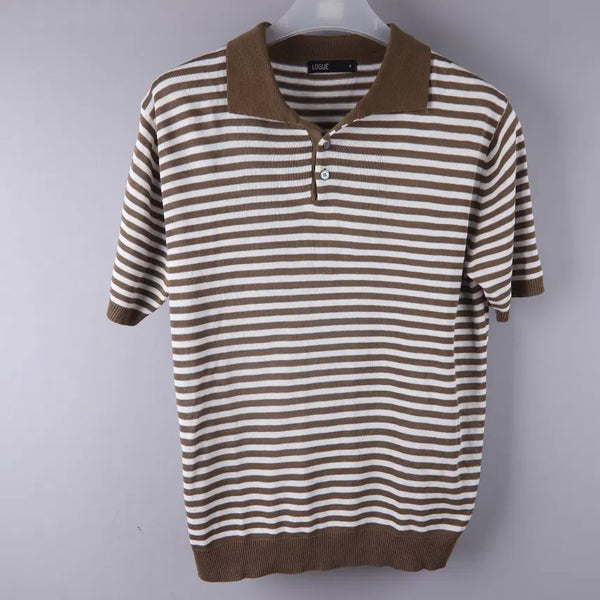 [BUNJANG] LOGUE Brown Stripe Collar Knit Short Sleeve T-Shirt (M) / LOGUE 브라운 스트라이프 카라 니트 반팔 티셔츠 (M)