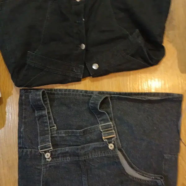 [BUNJANG] Denim Overalls Mini Dress Set (Black, Dark Blue) / 데님 멜빵 미니원피스(블랙.진청)세트
