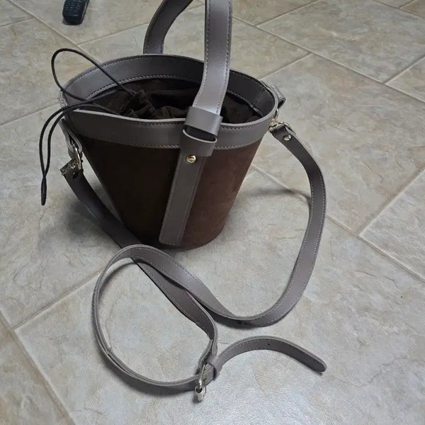 [BUNJANG] Suede Combo Bucket Bag Brown/Beige / 스웨이드 콤비 버킷백 브라운/베이지