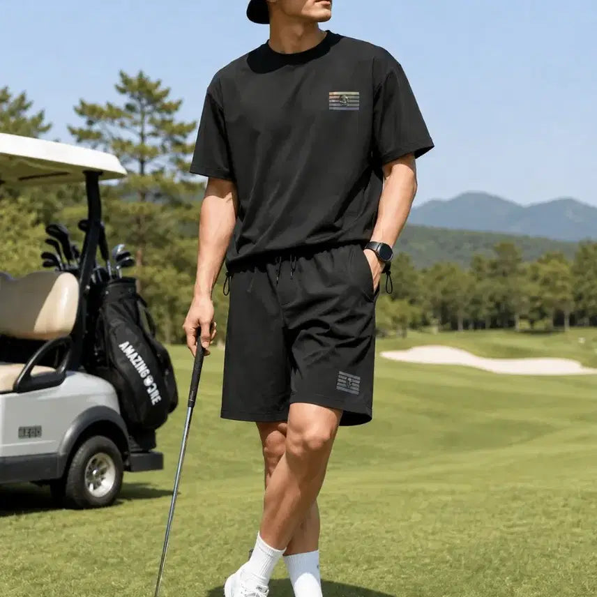 [BUNJANG] Amazingcree Black Performance Golf Wear Set (Top + Shorts) / 어메이징크리 블랙 기능성 골프웨어 셋업 (상의 + 반바지) 오버핏