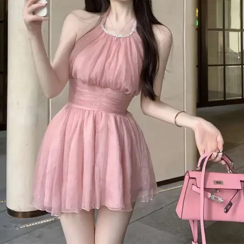 [BUNJANG] Pink Shirring Halterneck Dress / 핑크색 셔링 홀터넥 원피스