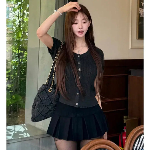 [BUNJANG] KindaMimi Tweed Short-Sleeve Cardigan Black / 카인다미 트위드 반팔 가디건 블랙