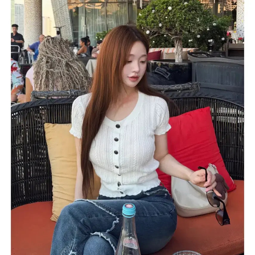 [BUNJANG] KindaMee Tweed Short Sleeve Knit Cardigan Ivory / 카인다미 트위드 반팔 니트 가디건 아이보리