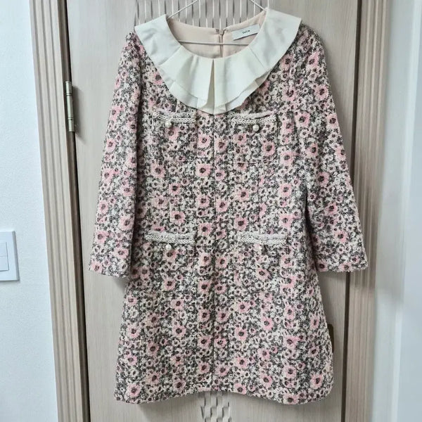 [BUNJANG] SATIN Floral Pattern Tweed Dress Pink / 샤틴 플로럴 패턴 트위드 원피스 핑크