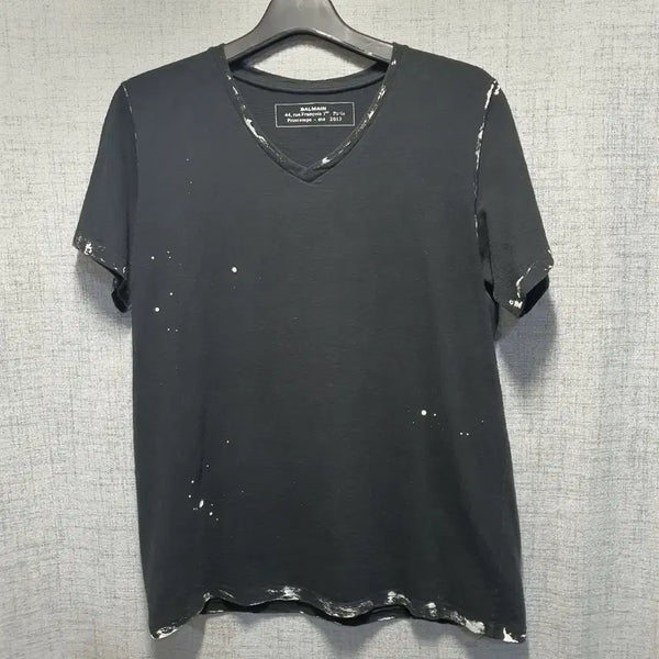 [BUNJANG] Balmain Black Paint Distressed V-Neck T-Shirt / 발망  블랙 페인트 디스트로이드 브이넥 반팔