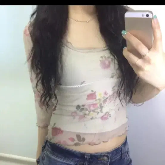[BUNJANG] Romantic Flower Lace 7/10 Sleeve See-Through T-shirt / 미정 로맨틱 플라워 레이스 7부 시스루 티셔츠