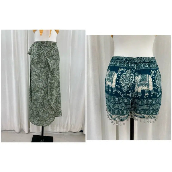 [BUNJANG] Elephant Pattern Shorts & Green Leaf Pattern Wrap Skirt Set / 하늘색 코끼리 패턴 숏팬츠/그린 랩스커트 세트