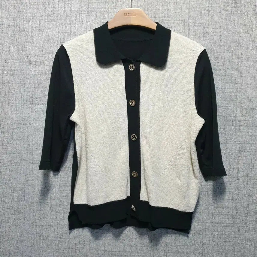 [BUNJANG] Mine Black & White Colorblock Knit Cardigan / 한섬 마인 블랙앤화이트 배색 니트가디건 free