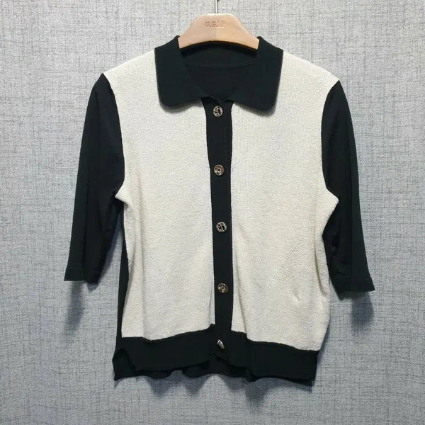 [BUNJANG] Mine Black & White Colorblock Knit Cardigan / 한섬 마인 블랙앤화이트 배색 니트가디건 free
