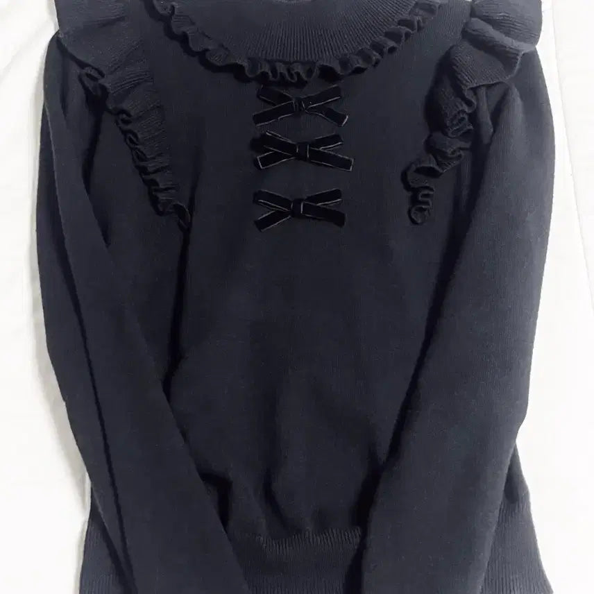 [BUNJANG] Ankruzz Triple Ribbon Frill Knit Long Sleeve Black Jirai Kei / 앙크루즈 3연 리본 프릴 니트 긴팔 블랙 양산형 지뢰계