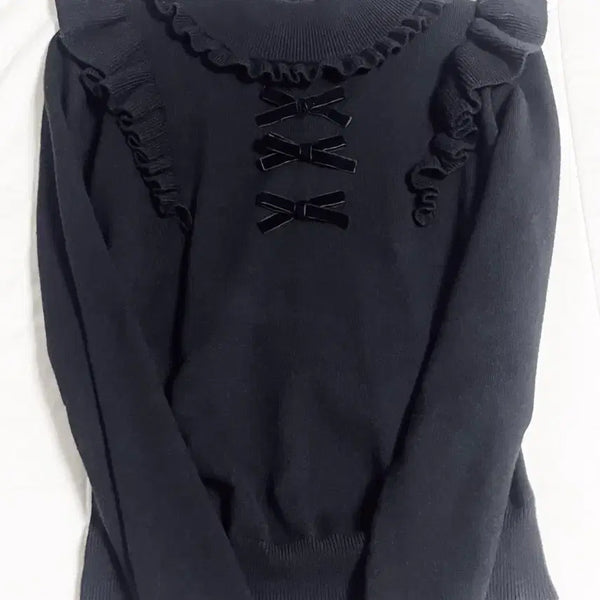 [BUNJANG] Ankruzz Triple Ribbon Frill Knit Long Sleeve Black Jirai Kei / 앙크루즈 3연 리본 프릴 니트 긴팔 블랙 양산형 지뢰계