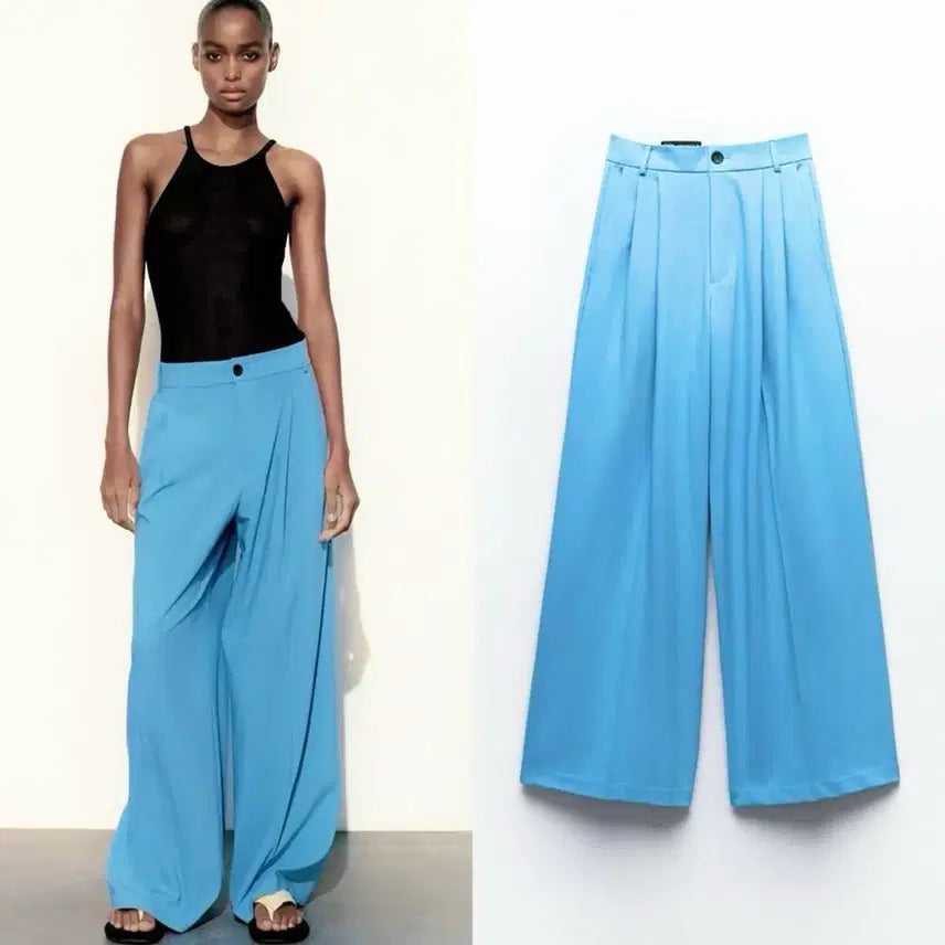 [BUNJANG] ZARA Full Length Wide Leg Slacks Pants Blue S / 자라 full length 슬랙스 와이드 팬츠 블루 s